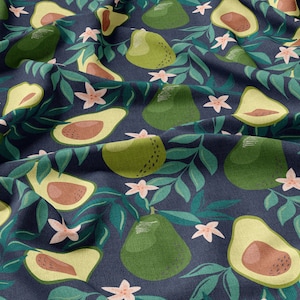 Avocado Früchte Leinen 100%, Öko-Druck, Bedruckter Leinenstoff, Avocadostoff, weicher Leinen zum Nähen, Breite 150cm