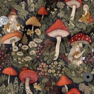 Mushroom forest cotton 100%, Eco-print, Printed Cotton mushrooms fabric, Width 150cm /60"