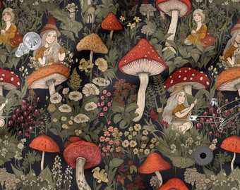 Mushroom forest cotton 100%, Eco-print, Printed Cotton mushrooms fabric, Width 150cm /60"