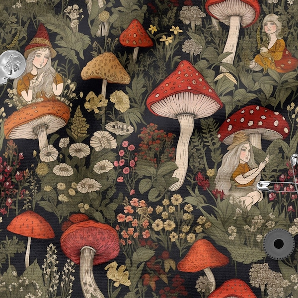 Mushroom forest cotton 100%, Eco-print, Tela estampada de champiñones de algodón, Ancho 150cm /60"