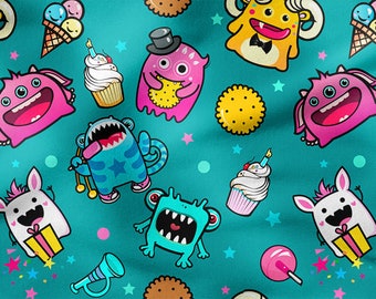 FUNNY MONSTERS cotton 100%, Eco-print, Printed Cotton Fabric, MONSTERS fabric, Width 150cm /60"