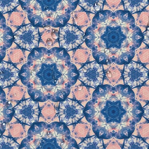 May include: A seamless pattern with a blue and pink mandala design. Water droplets are scattered across the surface.