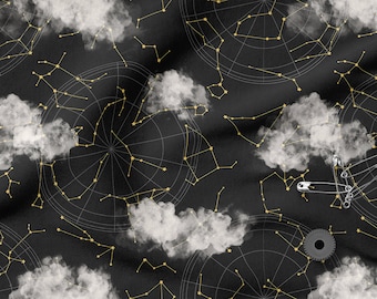 May include: A black background with gold constellations and white clouds. There are also safety pins and a gear on the background.