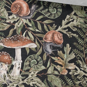 May include: A black background with a repeating pattern of mushrooms, snails and ferns. The mushrooms are brown and white with white spots. The snails are brown with a black shell. The ferns are green. The pattern is repeated throughout the image. 50 cm / 19.70 inch