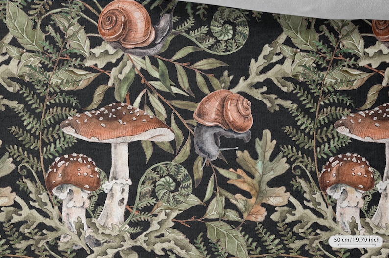 May include: A black background with a repeating pattern of mushrooms, snails and ferns. The mushrooms are brown and white with white spots. The snails are brown with a black shell. The ferns are green. The pattern is repeated throughout the image. 50 cm / 19.70 inch