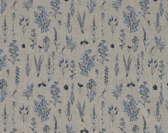 Tessuto di lino FIORI PICCOLI Prato Blu, Beige in melange, Lino ammorbidito per cucire, Larghezza 150cm /60"