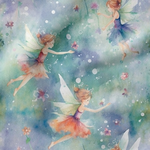 May include: Watercolor illustration of fairies flying in a blue and green sky with white dots. The fairies are wearing colorful dresses and have wings. There are flowers in the background.