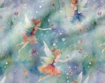Puede incluir: Ilustración de acuarela de hadas volando en un cielo azul y verde con puntos blancos. Las hadas llevan vestidos coloridos y tienen alas. Hay flores en el fondo.