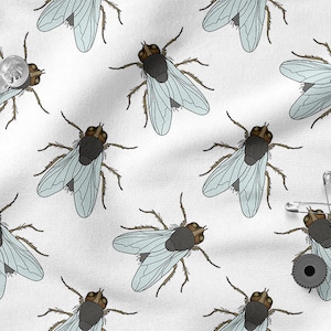 Tela de algodón 100% con estampado ecológico de moscas e insectos, ancho 155 cm (61")