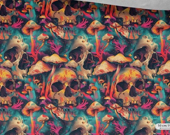 Sweatshirt Fabric skulls, Stretchable, mushrooms Fabric, Cotton Knit fabric, for Sweatshirts, Sportswear and Children's Clothing 230gsm