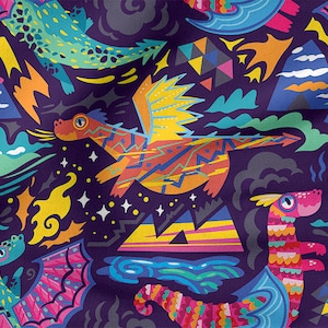 CUTE DRAGONS cotton 100%, Eco-print, Printed Cotton Fabric, DRAGONS fabric, Width 150cm /60&quot;
