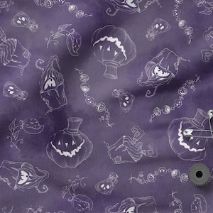 May include: Purple fabric with a white repeating pattern of jack-o'-lantern faces, vines, and strings of beads. The fabric is textured and has a slightly distressed look.