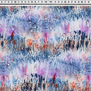 Puede incluir: Tela de impresi&oacute;n de acuarela abstracta con un esquema de color azul, rosa y naranja. La tela tiene una superficie texturizada y est&aacute; cubierta de peque&ntilde;as gotas de agua.
