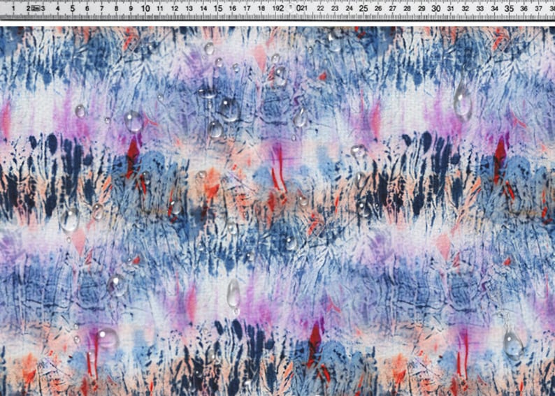 Puede incluir: Tela de impresi&oacute;n de acuarela abstracta con un esquema de color azul, rosa y naranja. La tela tiene una superficie texturizada y est&aacute; cubierta de peque&ntilde;as gotas de agua.