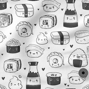Colorful KAWAII SUSHI  cotton 100%, Eco-print, Printed Cotton Fabric,  SUSHI fabric, Width 150cm /60&quot;