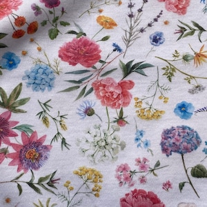 Cotton Knit Fabric Tiny Meadow, Summer Meadow Flowers, Stretchable, Meadow Cotton Knit, Eco-Print, 200gsm weight