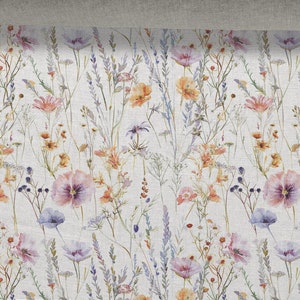 Tessuto di lino, Motivo floreale, Fiori di campo, Beige in melange, Lino ammorbidito per cucito, Larghezza 150 cm /60"