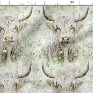Watercolor floral highland cow cotton 100%, Eco-print, Printed Cotton Fabric, Width 150cm /60&quot;