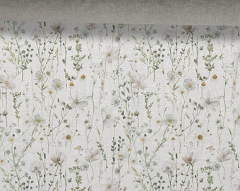 Linnen stof, bloemmotief, wilde bloemen, beige in melange, zacht linnen om te naaien, breedte 150cm /60"