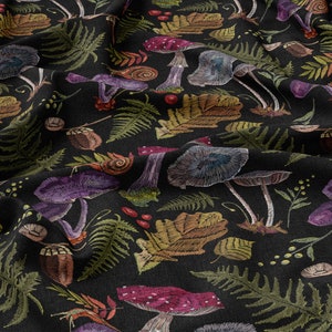 Forest Mushrooms Linen 100%, Eco-print, Printed Linen fabric, Forest Linen, Softened linen for sewing, Width 150cm /60&quot;