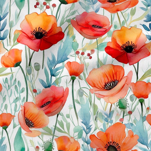 Coton coquelicots aquarelle 100%, Eco-print, Tissu coton imprimé coquelicots, Largeur 150cm /60"