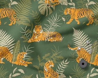 Tigers in the jungle cotton 100%, Eco-print, Printed Cotton Fabric, Tigers fabric, Width 150cm /60"