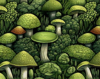 Woodland cotton 100%, Eco-print, Printed Cotton Woodland mushrooms fabric, Width 150cm /60"