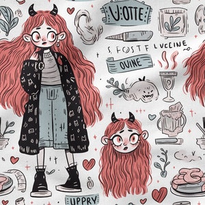 May include: A whimsical illustration featuring a girl with red hair and horns, wearing a black and white patterned coat, blue jeans, and black boots. The background is filled with various illustrations, including hearts, plants, and a cup with steam.