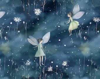Puede incluir: Ilustración de acuarela de hadas con alas volando en un cielo azul con flores blancas y hojas verdes.