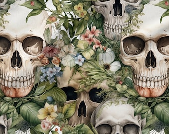 Floral skulls cotton 100%, Eco-print, Printed Cotton Fabric, Width 150cm /60"