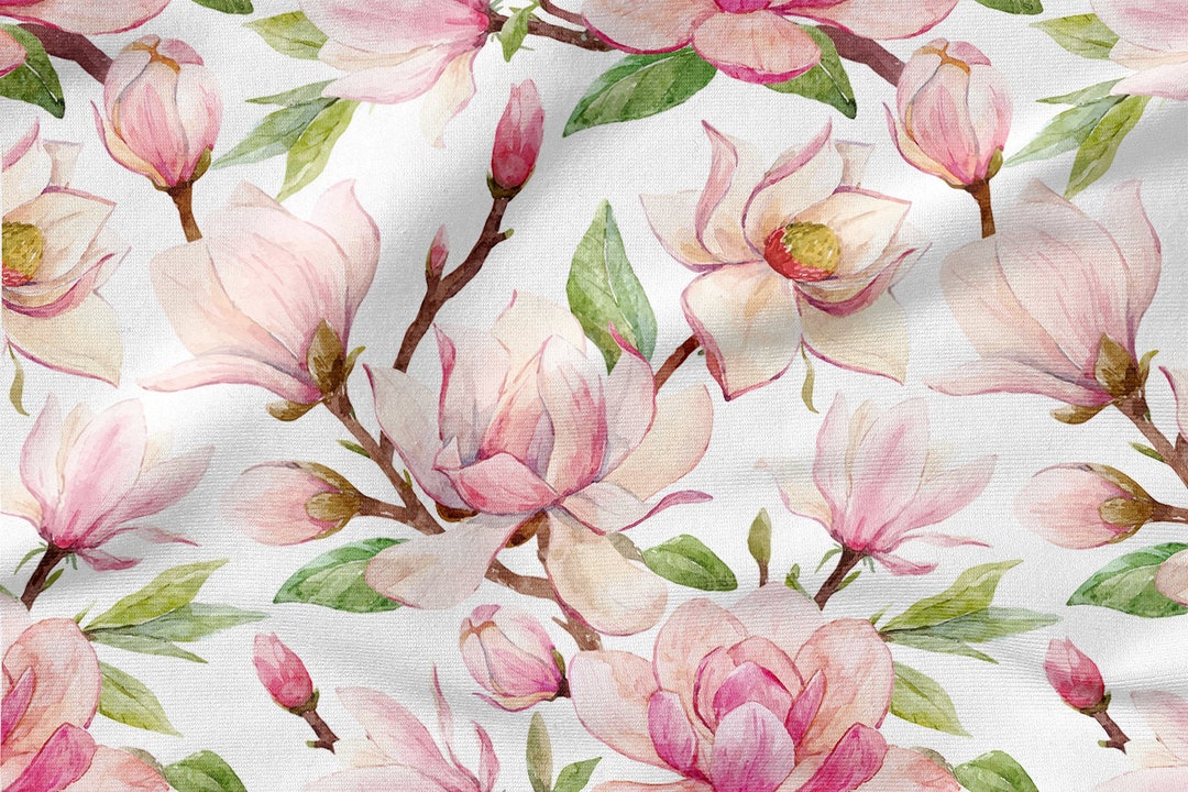 Magnolia Flowers Fabric, Ecoprint, COTTON Fabric LINEN Fabric Knitted