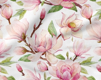 Magnolia Flowers Fabric, Eco-print, COTTON fabric LINEN fabric Knitted fabric VISCOSE Cordura Velvet Bamboo fabric -Fabrics to choose from