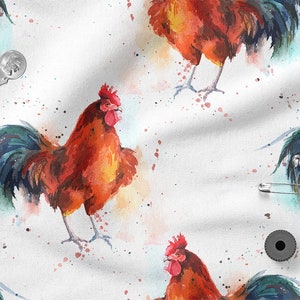 May include: A seamless pattern featuring watercolor illustrations of red roosters with blue and green tail feathers on a white background with colorful paint splatters.