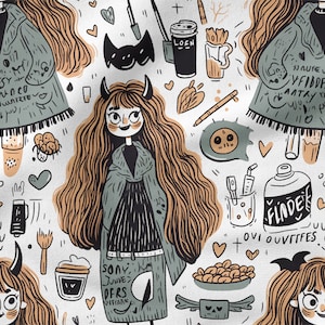 Puede incluir: Un patrón sin costuras que presenta a una niña de dibujos animados con cabello castaño y cuernos que lleva una chaqueta verde y una falda negra. El patrón también incluye varios objetos como tazas de café, una escoba, una máscara de gato y una botella de líquido con el texto "FINDE" en ella.