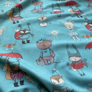 Cotton Knit Fabric Baby Pattern, Stretchable, Forest Friends Cotton Knit, Eco-Print, 200gsm weight