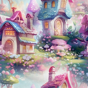 Könnte beinhalten: Eine fantasievolle Illustration eines Feen-Dorfes mit bunten Häusern, Blumen und Pilzen. Die Häuser haben rosa und blaue Dächer und sind von üppigem Grün umgeben.