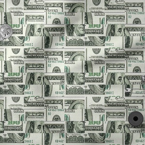 May include: A close-up of a pattern of US $100 bills with a safety pin and a black button on top. The bills are arranged in a grid pattern.