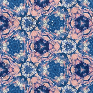May include: A repeating pattern of blue and pink watercolor shapes with water droplets on top. The pattern is symmetrical and creates a kaleidoscope effect.
