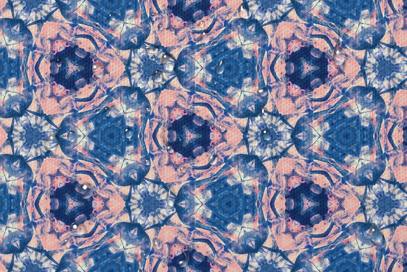 May include: A repeating pattern of blue and pink watercolor shapes with water droplets on top. The pattern is symmetrical and creates a kaleidoscope effect.