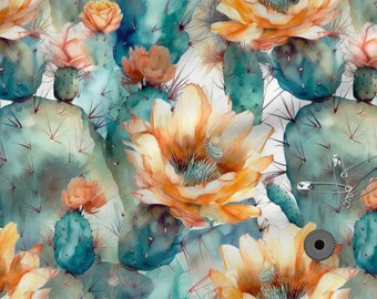 Cactus  cotton 100%, Eco-print, Printed Cotton cactus fabric, Width 150cm /60"