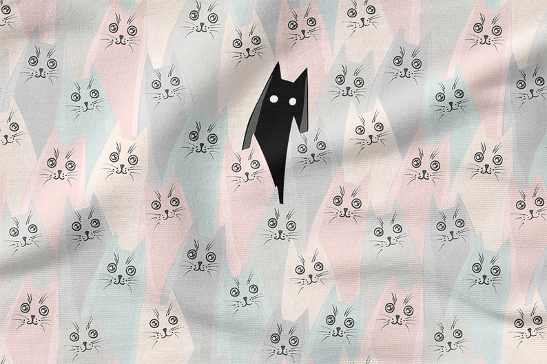 May include: A black cat stands out against a background of many pastel-colored cats with black eyes and whiskers. The cats are arranged in a repeating pattern.