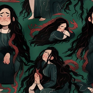 Puede incluir: Un patrón repetido que presenta a una mujer con cabello negro largo y un vestido verde. Está rodeada de zarcillos rojos que parecen enredaderas. El fondo es de un verde intenso.