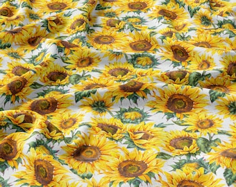 Tournesols Summer Meadow, Linen 100%, Eco-print, Tissu en lin imprimé, Lin ramolli pour la couture, Largeur 150cm /60"