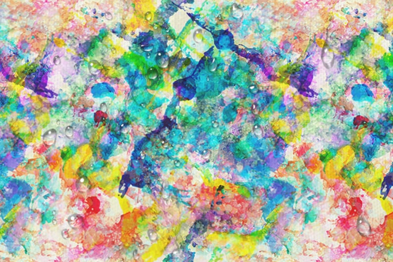 Puede incluir: Pintura abstracta de acuarela con colores vibrantes, incluyendo azul, verde, amarillo, rosa y rojo. La pintura tiene una superficie texturizada y parece tener gotas de agua sobre ella.
