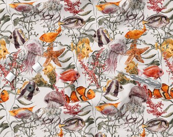Tissu tricoté en coton, récif de corail, extensible, tricot de coton à motif, impression écologique, poids 200 g