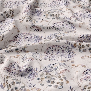 Summer Meadow, Flower Linen 100%, Eco-print, Printed Linen fabric, Softened linen for sewing, Width 150cm /60&quot;