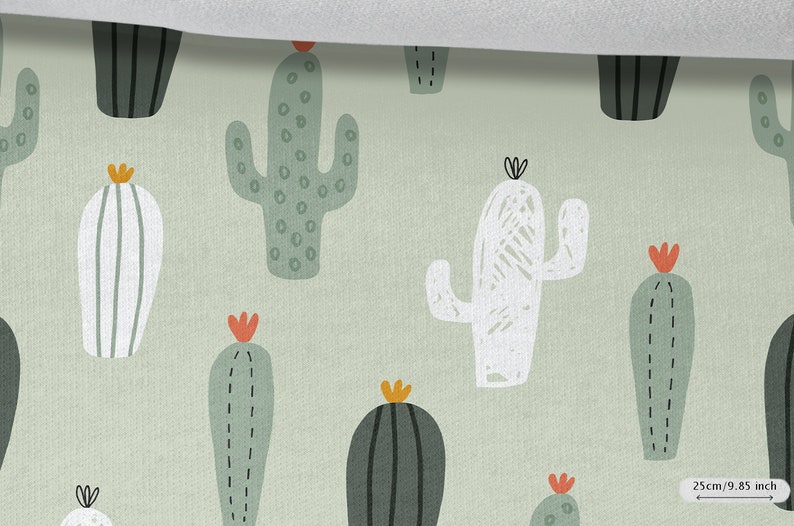 May include: A green and white cactus print fabric with a repeating pattern of different types of cacti. The fabric is 25 inches wide.