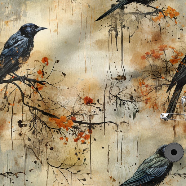 Ravens cotton 100%, Eco-print, Printed Cotton Fabric Ravens fabric, Width 150cm /60"