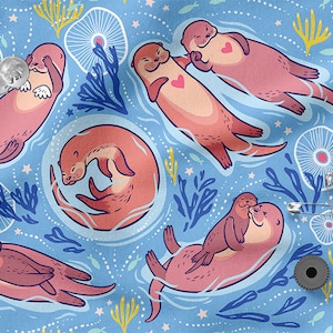 Otters, Otters family cotton 100%, Eco-print, Printed Cotton Fabric, Cotton Twill, Cotton Batiste, Cotton Canvas, Width 150cm /60&quot;