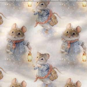 May include: A seamless pattern featuring watercolor illustrations of mice wearing blue jackets and red scarves, carrying lanterns and walking through a snowy landscape.